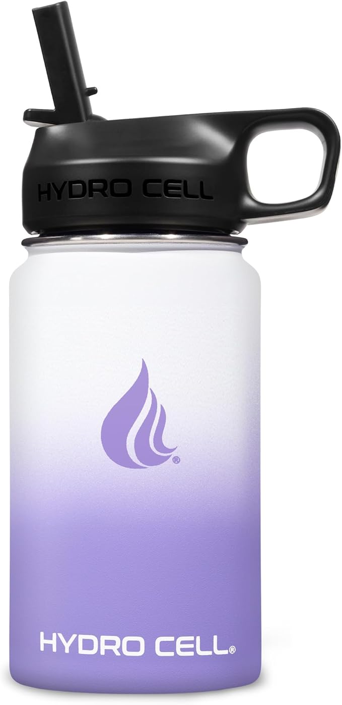 HYDRO CELL Stainless Steel Insulated Water Bottle with Straw - For Cold & Hot Drinks - Metal Vacuum Flask with Screw Cap and Modern Leakproof Sport Thermos for Adults (Lavender/White 14oz)