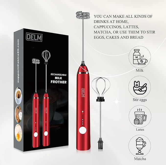 Delm Milk Frother Electric USB Stainless Steel Accessory - Frother Wand Foam Maker for Lattes - Milk Frother Handheld for Cappuccino, Frappe, Matcha, Hot Chocolate - Frother for Coffee (red)
