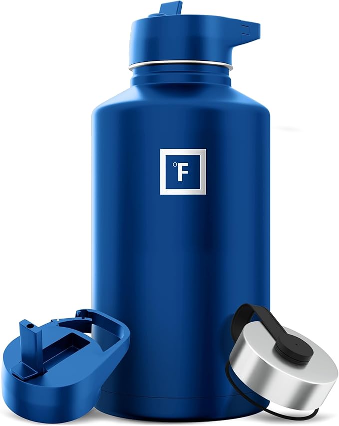IRON °FLASK Camping & Hiking Hydration Flask with 3 Lids - Stainless Steel, Double Walled & Vacuum Insulated Water Bottle - Leak Proof & BPA Free (Cobalt, Straw - 64 oz)