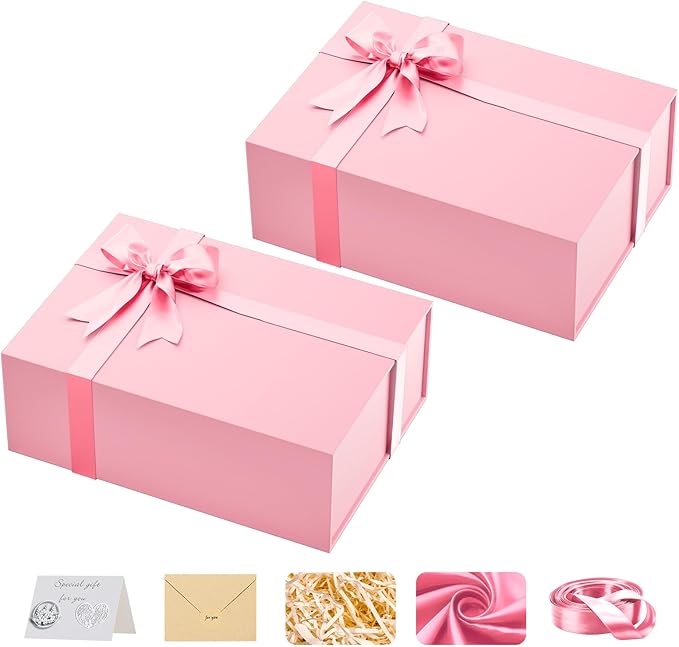 Large Pink Gift Box with Lid: 2 Pack 13.5×10×5 Inches - Strong Magnetic Closure for Valentines Birthdays Wedding Gifts – Perfect for Couples Friends Family