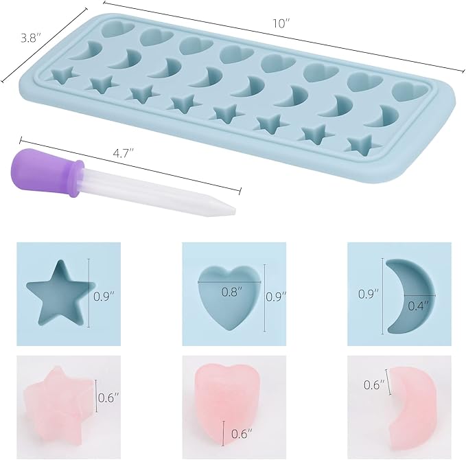 Moon Stars and Heart Ice Cube Tray Silicone Molds with Liquid Dropper，Easy Release Ice Trays with Lid, 24 Cavity Heart Mold for Ice Cubes, Gelatine, Chocolate, Baking and Candy