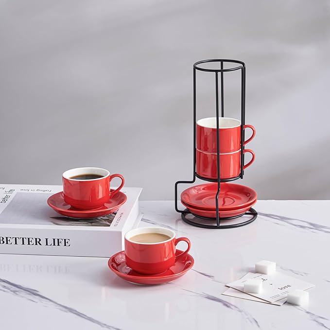 YOLIFE 2.5oz Porcelain Stackable Espresso Cups with Saucers and Metal Stand Set of 4, Stackable Cappuccino Cups, Red Expresso Shots Cup Set for Coffee Drinks, Latte, Tea