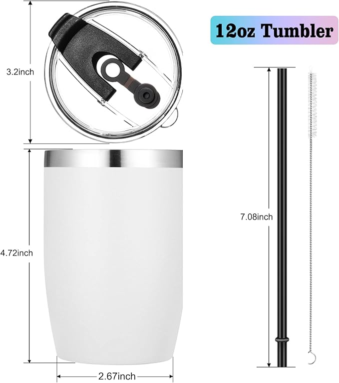 VEGOND Stainless Steel 12 oz Tumblers bulk Vacuum Insulated Double Wall Travel Tumbler with Lid and Straw Reusable Tumbler,White 6 pack