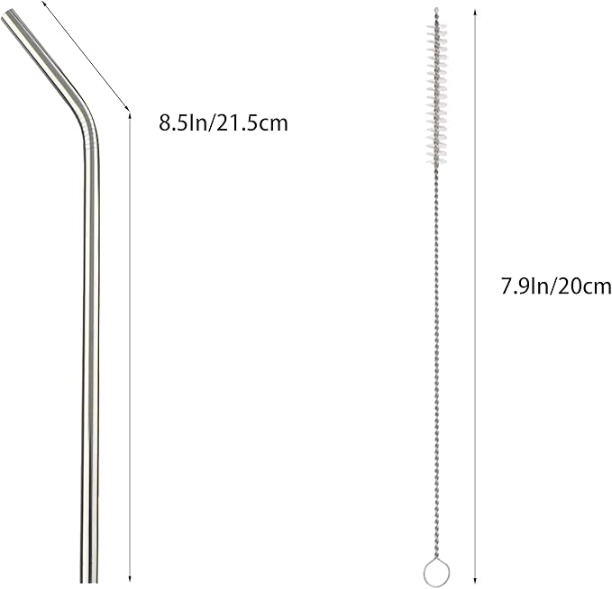10 Pcs Stainless Steel Straws, Reusable Drinking Straws, Bent Metal Straw Sets with 2 Pcs Cleaning Brushes (Silver, 8.5 Inch)