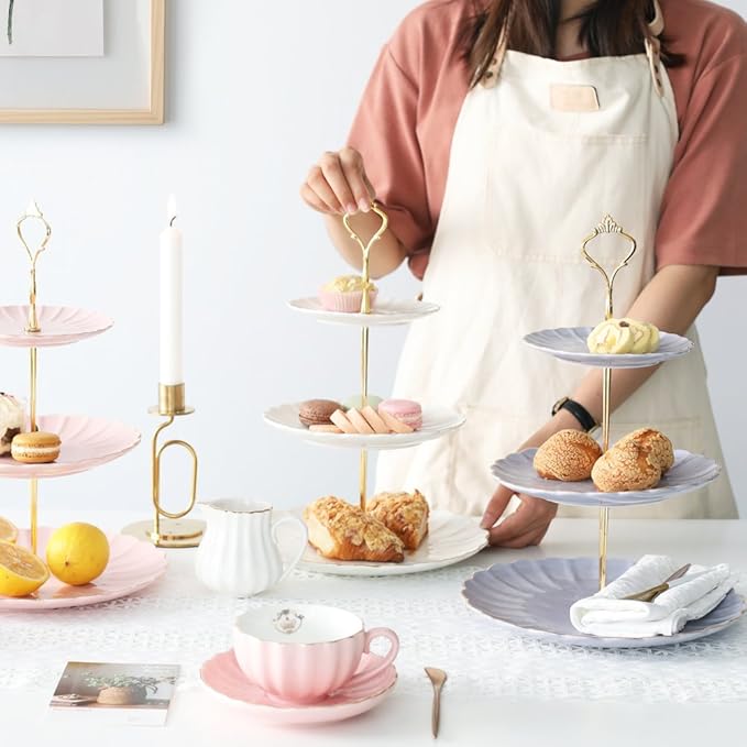 Sweejar 3 Tier Ceramic Cake Stand Wedding, Dessert Cupcake Stand for Tea Party Serving Platter (Pink)
