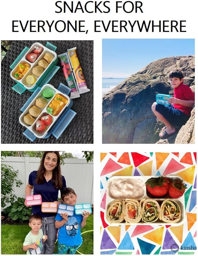 kinsho Snack Containers - SMALL Bento Lunch Boxes for Kids Girls Boys | MINI Leak-proof Box, Portion Container for School | Blue Navy Aqua Orange 4 Pack