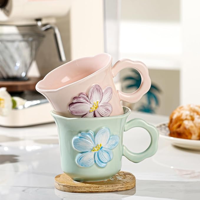 Cute Floral Coffee Mug Set of 4-12oz Ceramic Flower Embossed Cups with Petal Handles, Dishwasher and Microwave Safe