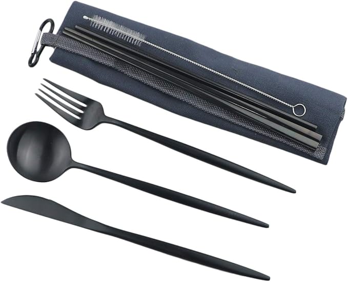 Gugrida Reusable Travel Utensils, 7 Piece Portable 304 Stainless Steel including Knife Fork Spoon Chopsticks Cleaning Brush Straws Portable Pouch, Eco-friendly Camping Silverware Set, Dishwasher Safe