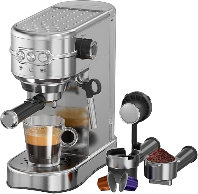 Espresso Machine - 20Bar Coffee Maker with Foaming Steam Wand: 1450W Compatible for Original Capsule & Ground, Single-Serve Espresso Maker with 35Oz Removable Water Tank for Latte, Kitchen