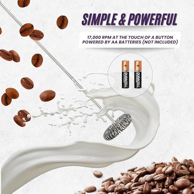 Silverdome's Powerful Handheld Milk Frother, Stainless Steel whisk for Silky Foam in Seconds, Battery Operated(Not Included), Perfect for café-style drinks, Coffee, Lattes, Cappuccino, Hot Chocolate.
