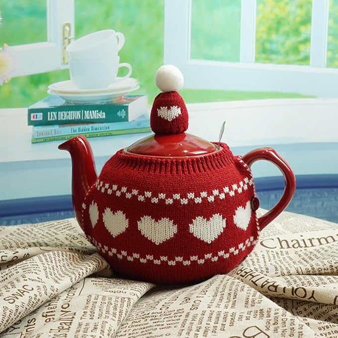 Tea Cozy Suitable for a 600ml,20oz Tea Pot,Teapot Warmer -100% Acrylic Fibers Filling,Two Piece (RED Heart-Shaped)