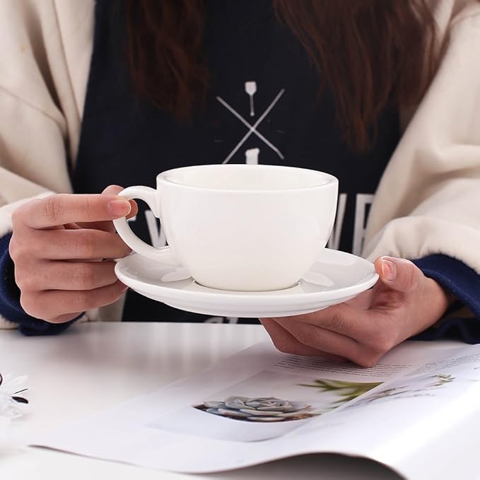 Cappuccino Barista Cup and Saucer Latte Art & Americano, New Bone China Coffee Shop Use (Glossy White, 8.5 oz)