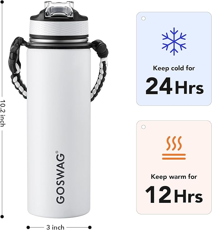 GOSWAG Insulated Sports Water Bottle, 24oz 2 Lids(with Straw/No Straw), Stainless Steel Water Bottles with Paracord Handle, Insulated Bottle with Double-Wall Vacuum Insulation