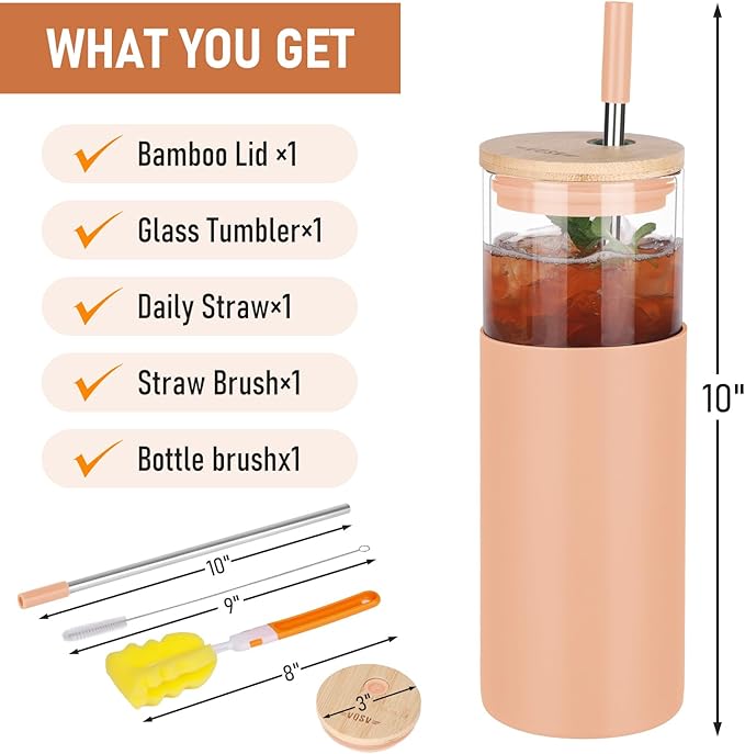 Glass Tumbler w/Lids & Straw - 24oz Reusable Mug w/Bamboo Lid & Stainless Steel Straw - BPA-Free, Leak-Proof, Dishwasher Safe for Coffee, Smoothies, Hot Beverages, Travel, Office, Home Use,1-PK