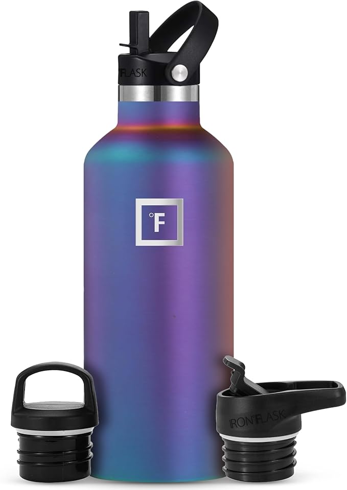 IRON °FLASK Camping & Hiking Hydration Canteens - 3 Lids (Narrow Straw Lid) Leak Proof Vacuum Insulated Stainless Steel - Hot & Cold Double Walled Sports Water Bottle - Aurora, 32 Oz