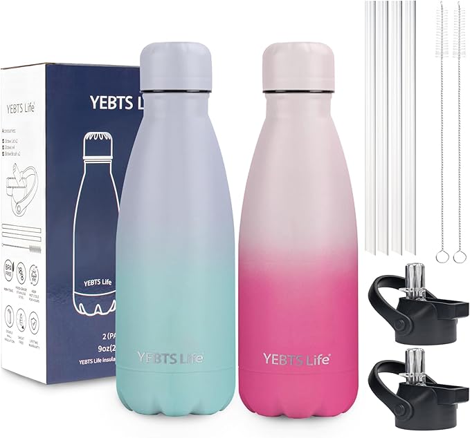 Insulated Water Bottle, 2 Pack-9oz Stainless Steel Water Bottles with straw lid, Metal Sports Water Bottles for Boys,Girls, Double Wall Vacuum BPA-Free Flask for School (Sunset & Sea)