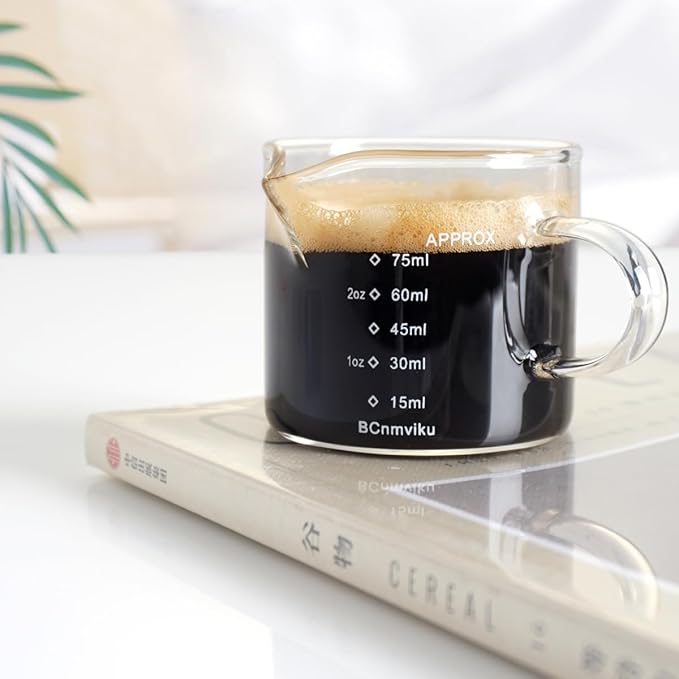 BCnmviku 2 PACK Espresso Glass Measuring Cup Triple Pitcher Milk Cup 75ML Espresso Cups with Handle Shot Glass with V-Shaped Mouth Clear Accessories Milk Frothing Pitcher (2)