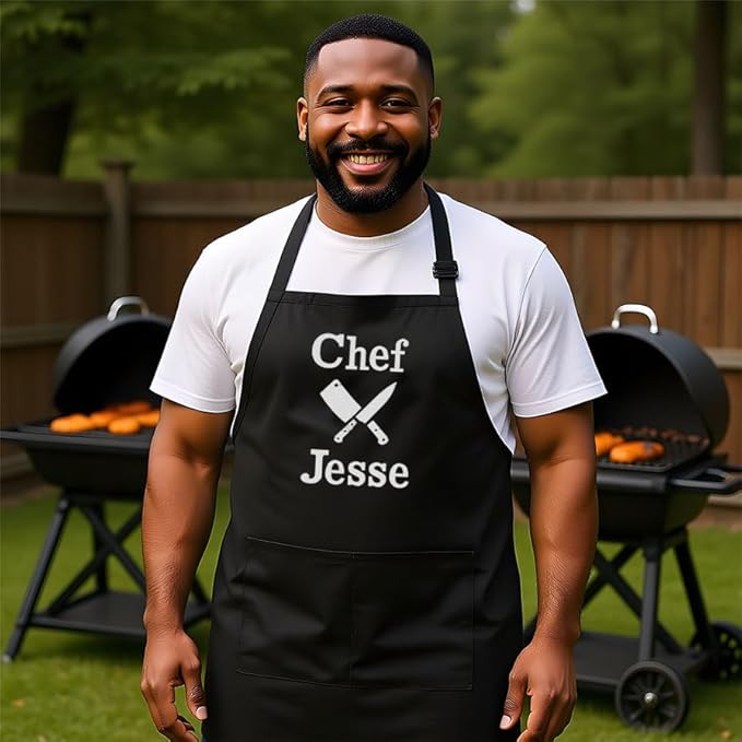 Personalized Chef Apron for Men, Custom Embroidered Design, Professional Kitchen Cooking BBQ Grilling for Dad, Decorated in USA