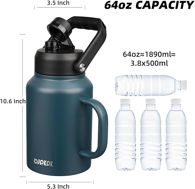 BJPKPK 64oz Insulated Water Bottle with Handle, Large Dishwasher Safe Half Gallon Water Bottle, BPA Free Water Jug, Wide Mouth Metal Water Bottle with Anti-slip Bottom, Keep Cold & Hot, Navy Blue