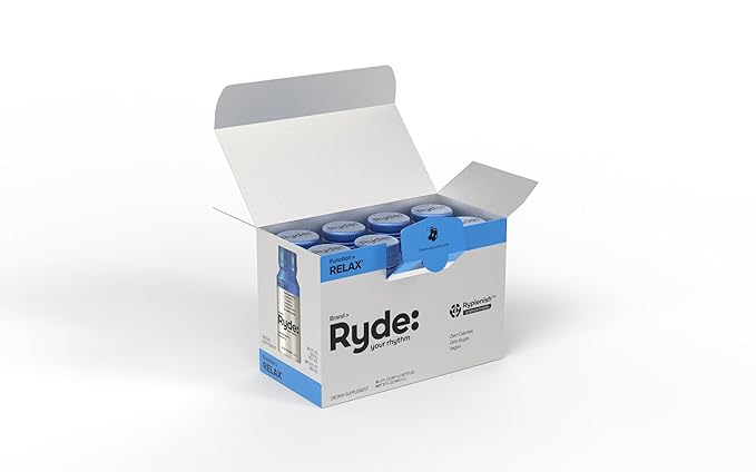 Ryde: Relax Shot | Raspberry Flavor | Lemon Balm, L-Theanine, Ginseng & Chamomile | 0 Calories, 0 Sugar | 2 FL OZ Shots | Helps You Relax* (8 Pack)
