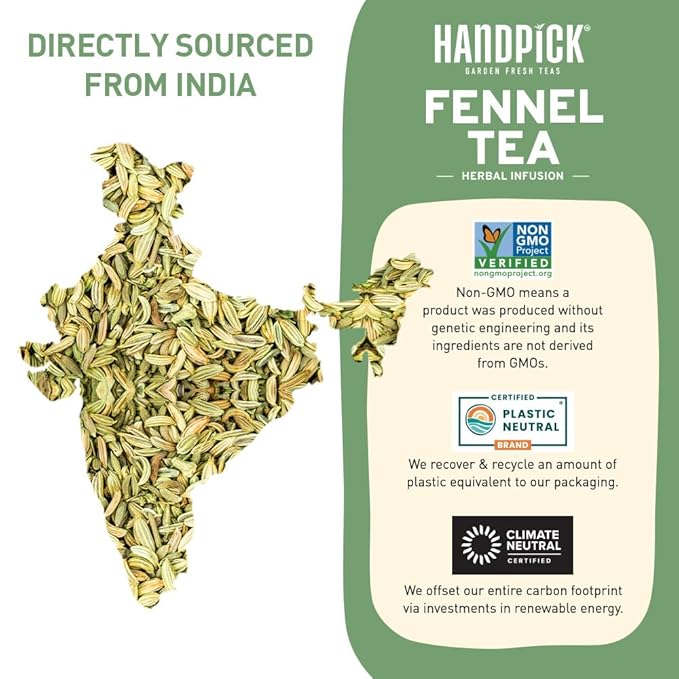 HANDPICK, Fennel Tea Bags (100 Herbal Tea Bags) Caffeine Free, Gluten Free & Non GMO | Round Eco Conscious Teabags | Smooth & Sweet