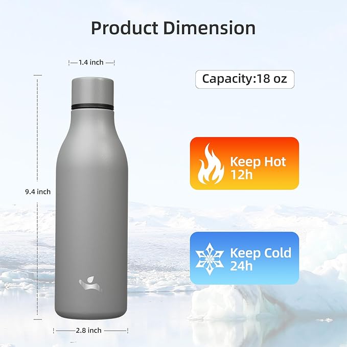 Insulated Water Bottle with Strap,18 oz Double Wall Stainless Steel Vacuum Bottles Metal Water Flask,Gray