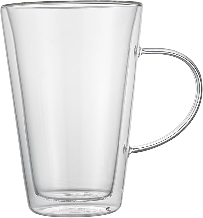 Restaurantware-Forma Professional 13.5 oz Double Wall Glass Mugs, 12 Insulated Coffee Mugs With Handle - Dishwashable, Reusable, Clear Glass Beverage Cups, Freezable, For Hot Or Cold Beverages