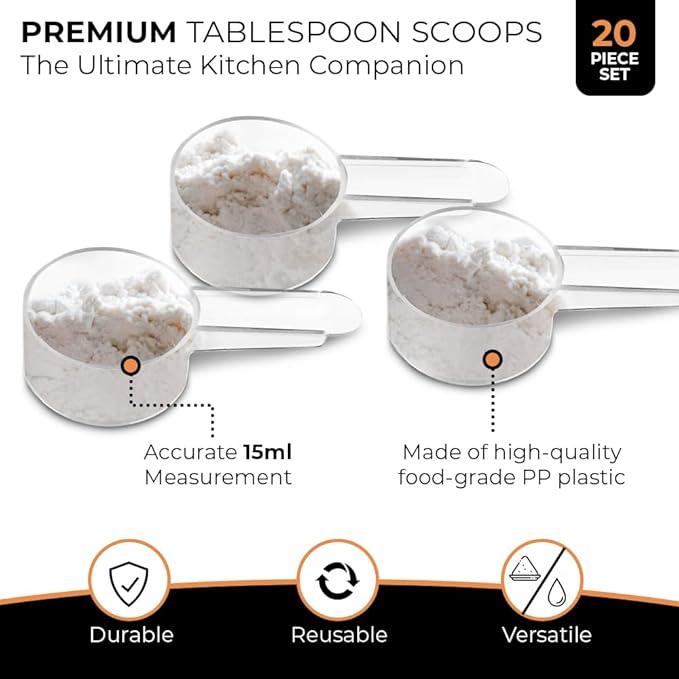 20 Pack Tablespoon Measuring Spoon Set with Short Handle Coffee Scoop - 1 Tablespoon (15 ML) Clear Plastic Scoops for Coffee, Loose Tea, Protein, Spices, Powders, and Other Dry Goods