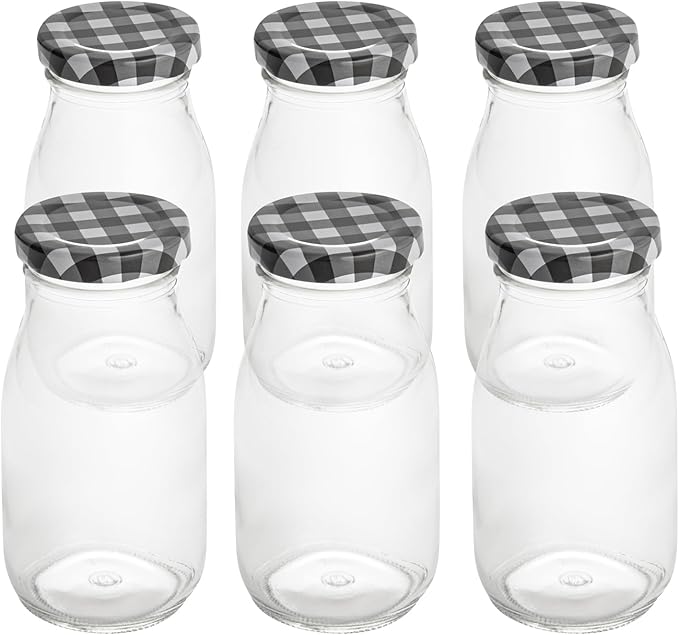 Restaurantware-French Countryside 6 Ounce Glass Bottles, 10 Durable Juice Bottles - With Black Plaid Lid, Dishwashable, Clear Glass Countryside Bottle, For Hot And Cold Beverages