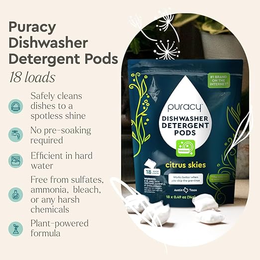 Puracy Dishwasher Pods, Natural Dishwasher Detergent, Free & Clear Dish tabs - Enzyme-Powered, Spot & Residue Free - TikTok Trend Items, Must Haves from TikTok Made Me Buy It (Citrus Skies, 18 Count)