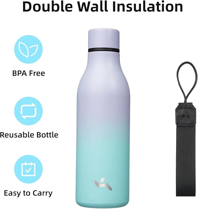 Insulated Water Bottle with Strap,18 oz Double Wall Stainless Steel Vacuum Bottles Metal Water Flask,Lavender Green