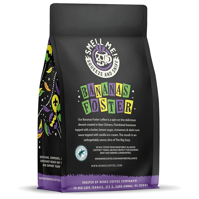 Bones Coffee Company Bananas Foster, Banana, Rum and Vanilla Flavored Coffee, Medium Roast Low Acid Arabica Beans Compatible with Auto drip and French Press Coffee Maker, 12 Oz Whole Bean
