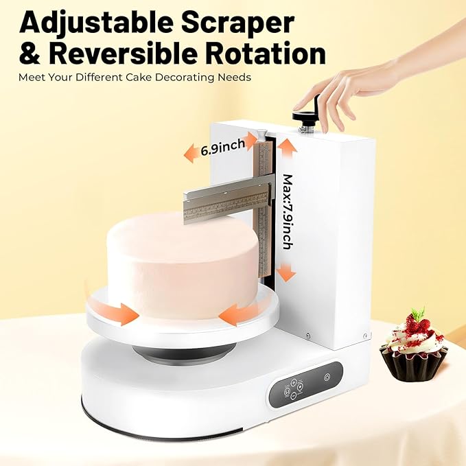 Birthday Cake Cream Smooth Coating Decoration Machine 110-220V, Cake Cream Spreading Machine Applicable 4-12in Cake, 60-320rpm Adjustable Cake Decorating Machine for Cake Shops, Dessert Shops (White)