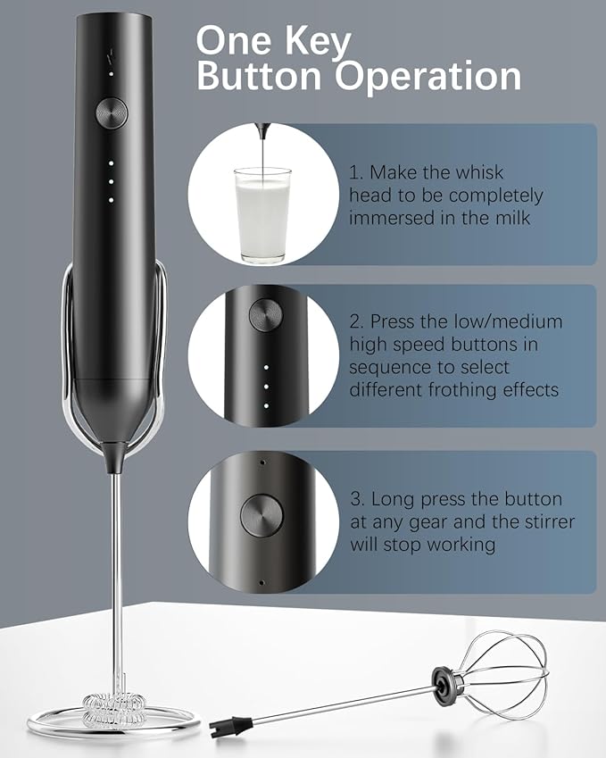 Rechargeable Milk Frother with Stand, Electric Frother Wand Handheld Coffee Foam Maker Detachable Stainless Steel Whisk Drink Mixer Foamer for Latte, Cappuccino, Hot Chocolate, Egg (Black)