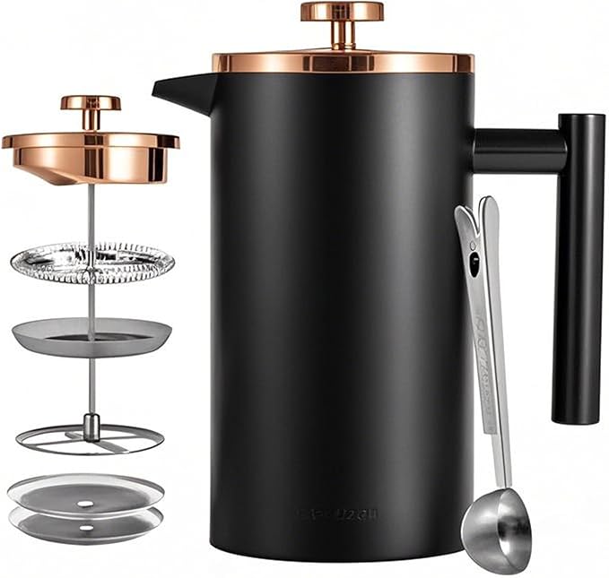 Black French Press Stainless Steel 34oz, Double Wall Insulated Coffee Press 1L for travel camping with 2 Extra Filter Screens and 1 Coffee Spoon（8cup 1000ml）