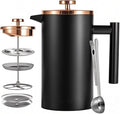 Black French Press Stainless Steel 34oz, Double Wall Insulated Coffee Press 1L for travel camping with 2 Extra Filter Screens and 1 Coffee Spoon（8cup 1000ml）