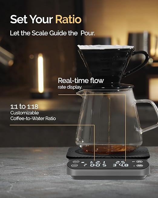 Maestri House S3 Coffee Scale with Timer, 3kg/0.1g Rechargeable Digital Scale, 3 Brew Modes, Adjustable Ratios & Flow Rate Display, Barista-Grade for Pour-Over, Espresso, French Press – Grey