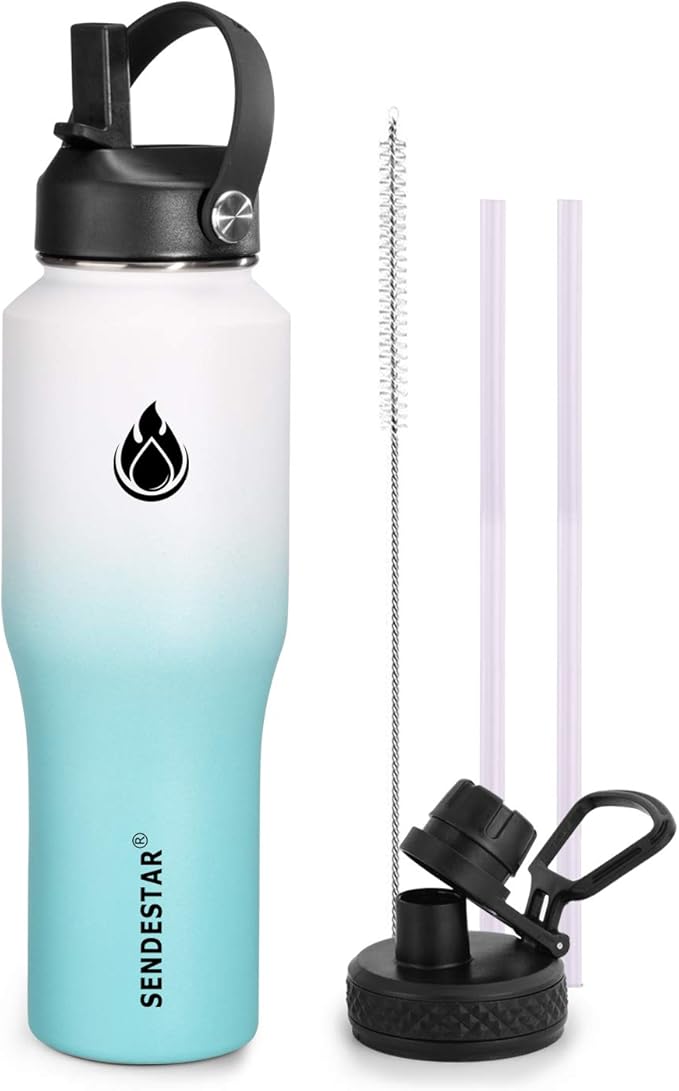 SENDESTAR Water Bottle 32oz,2 Lids(Straw lid),Wide Mouth Stainless Steel Vacuum Insulated Double Wall Keep Liquids Cold or Hot All Day,Sweat Proof Sport Design,Fit Car Cup Holder(White&Tiffany)