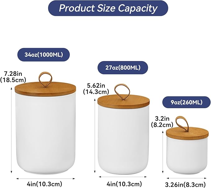 Ceramic Storage Jars, Modern Elegant Polished Airtight Gorgeous Storage Canisters with Wooden Lid Small Food Stroage Jar for Kitchen Spice Tea Vanilla Sugar Coffee Beans (3Pcs Suit White)