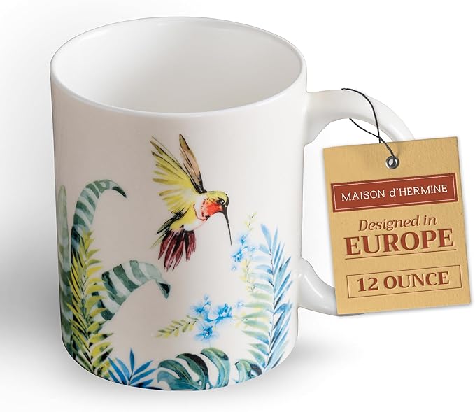 Maison d' Hermine Coffee Mug with Handles Fine Bone China Mugs Pack of One Tea Cups for Hot Beverages Cappuccino Latte Home Restaurant Office Perfect for Gift (Tropiques - Hummingbird, 12 Ounce)