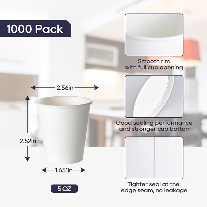 LITOPAK 1000 pack 5 oz Paper Coffee Cups, White Small Espresso Paper Coffee Cups for Office, Home, Party, and Events