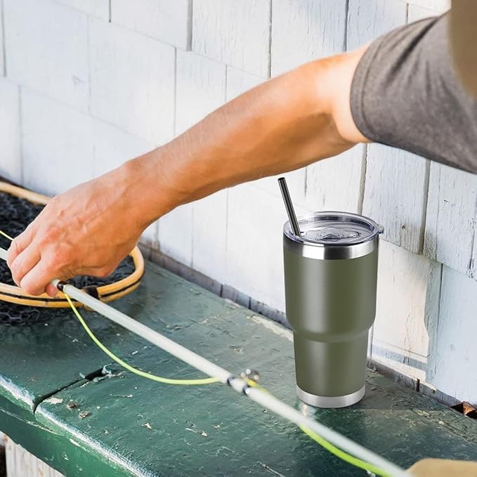 DOMICARE 30 oz Tumbler with Lid and Straw, Stainless Steel Tumblers Bulk, Insulated Vacuum Double Wall Travel Coffee Mug, Durable Powder Coated Tumbler Cups (Army Green, 12)