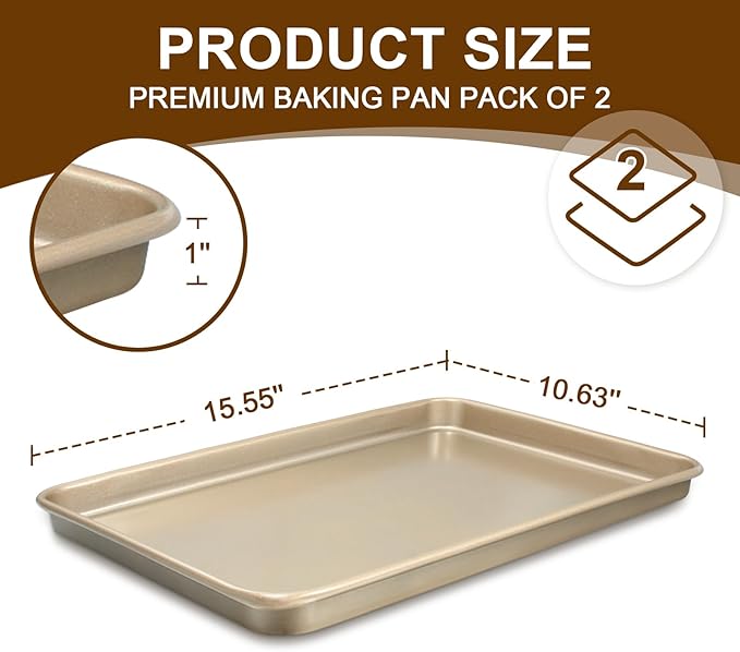 Baking Sheet Pan Set of 2, Wildone Commercial Cookie Sheets for Baking, Nonstick Carbon Steel Jelly Roll Pan Oven Tray 15x10 Inch, Heavy Duty & Easy Clean