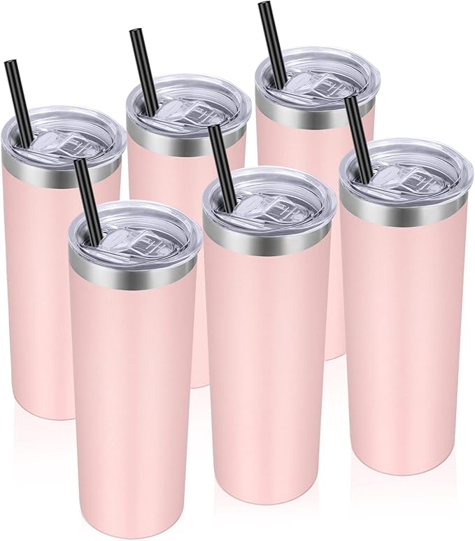 VEGOND Stainless Steel Tumblers Bulk 6 Pack, 20 oz Vacuum Insulated Skinny Tumblers with Lid and Straw, Double Wall Coffee Mug, Travel Water Cup, Light Pink