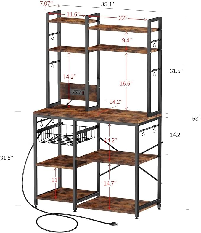 Standing Kitchen Baker’s Rack, Bakers Rack with Power Outlet, 6-Tier Microwave Stand, Coffee Bar with 12 S-Shaped Hooks, Kitchen Shelf with Storage, Coffee Bar Station, for Rustic Brown