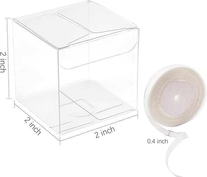 100 Pack 2x2x2 Inches Clear Favor Boxes with Ribbons, Mini Transparent Cube Treat Boxes for Candy & Chocolate Bomb, Plastic Individual Macaron Packaging Box for 2