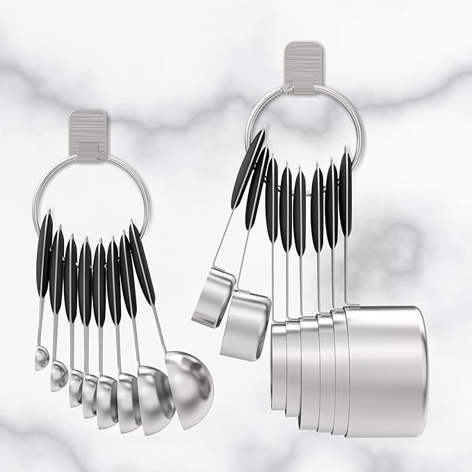 Measuring Cups & Spoons Set of 16, Wildone Stainless Steel Measuring Cups and Measuring Spoons with Black Silicone Handle, Including 8 Nesting Cups, 8 Spoons, for Dry and Liquid Ingredient