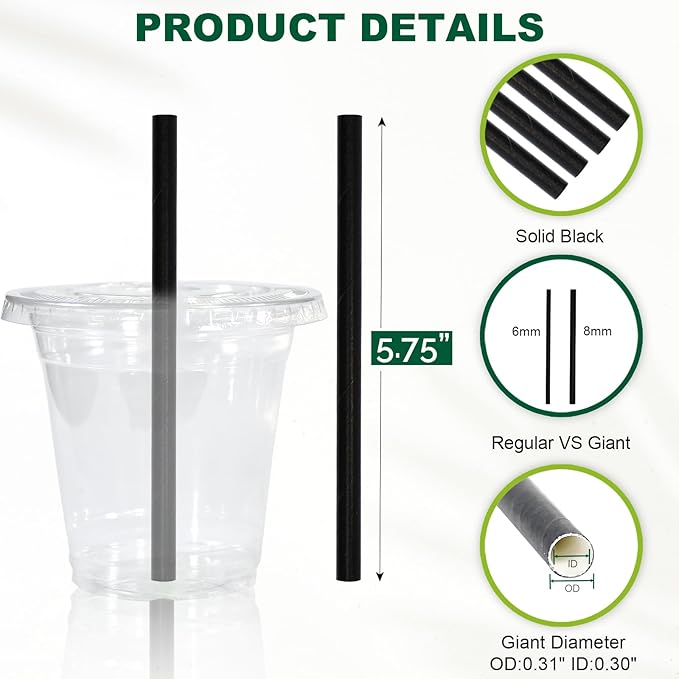 5.75 inch 8mm Wide Short Black Paper Drinking Straws Disposable for Lowball Glasses, Blended Cocktails, Margaritas, Bars, Restaurants - Unwrapped [250 Counts]