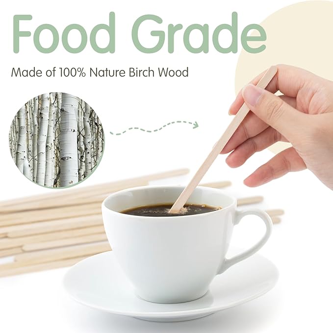WISYOK 500 PCS Coffee Stirrers, 7 Inch Premium Birch Wood Sticks, Smooth Round Ends, Splinter-Free Disposable Stir Sticks for Coffee, Cocktails, Office, Home Use