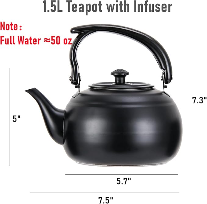 50 oz/1500ml Stainless Steel Steeping Teapot with Infuser for Loose Leaf Tea, Metal Tea Steeper Pot Coffee Water Kettle for Stovetop, Tea Maker for Hotels, Restaurant, Home, Kitchen, Black
